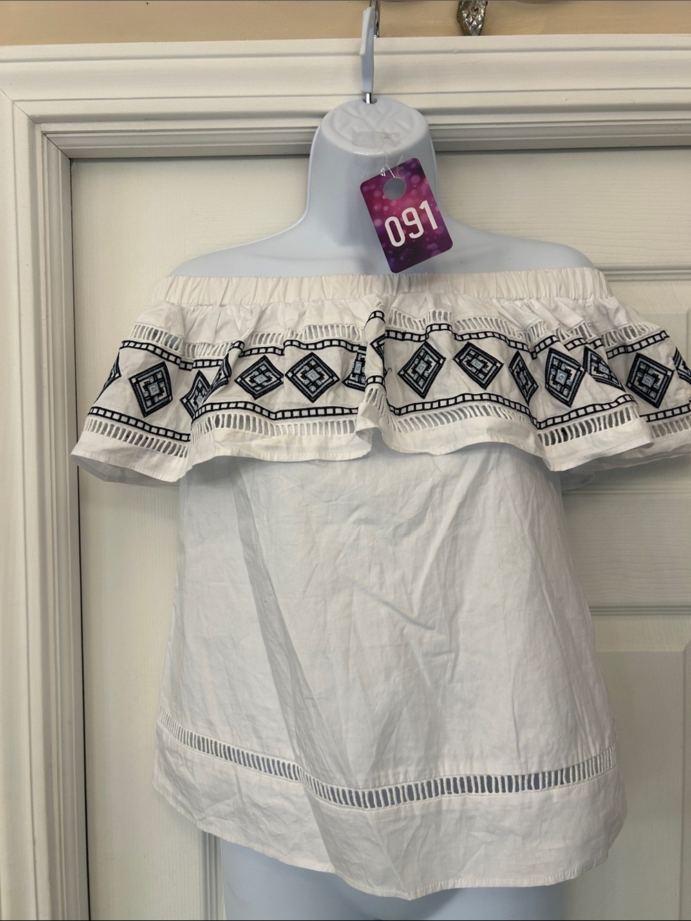 Endless Rose White Off-Shoulder Embroidered Ruffle Top